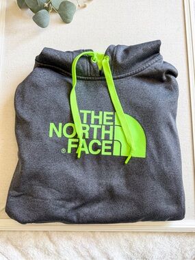 The North Face Hoodie Gray Neon Green Logo Pullover Sweatshirt Size L